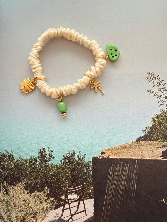 Charmie Silk Scrunchie - Cream | Green Beads