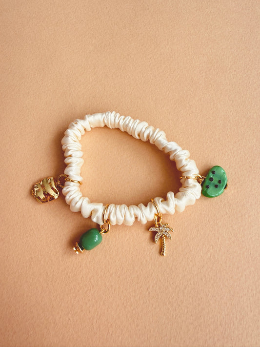 Charmie Silk Scrunchie - Cream | Green Beads