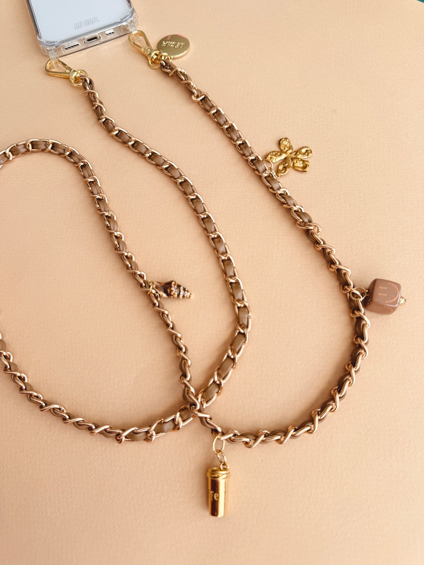 Le Cap crossbody chain phone strap in tab brown with gold chain
