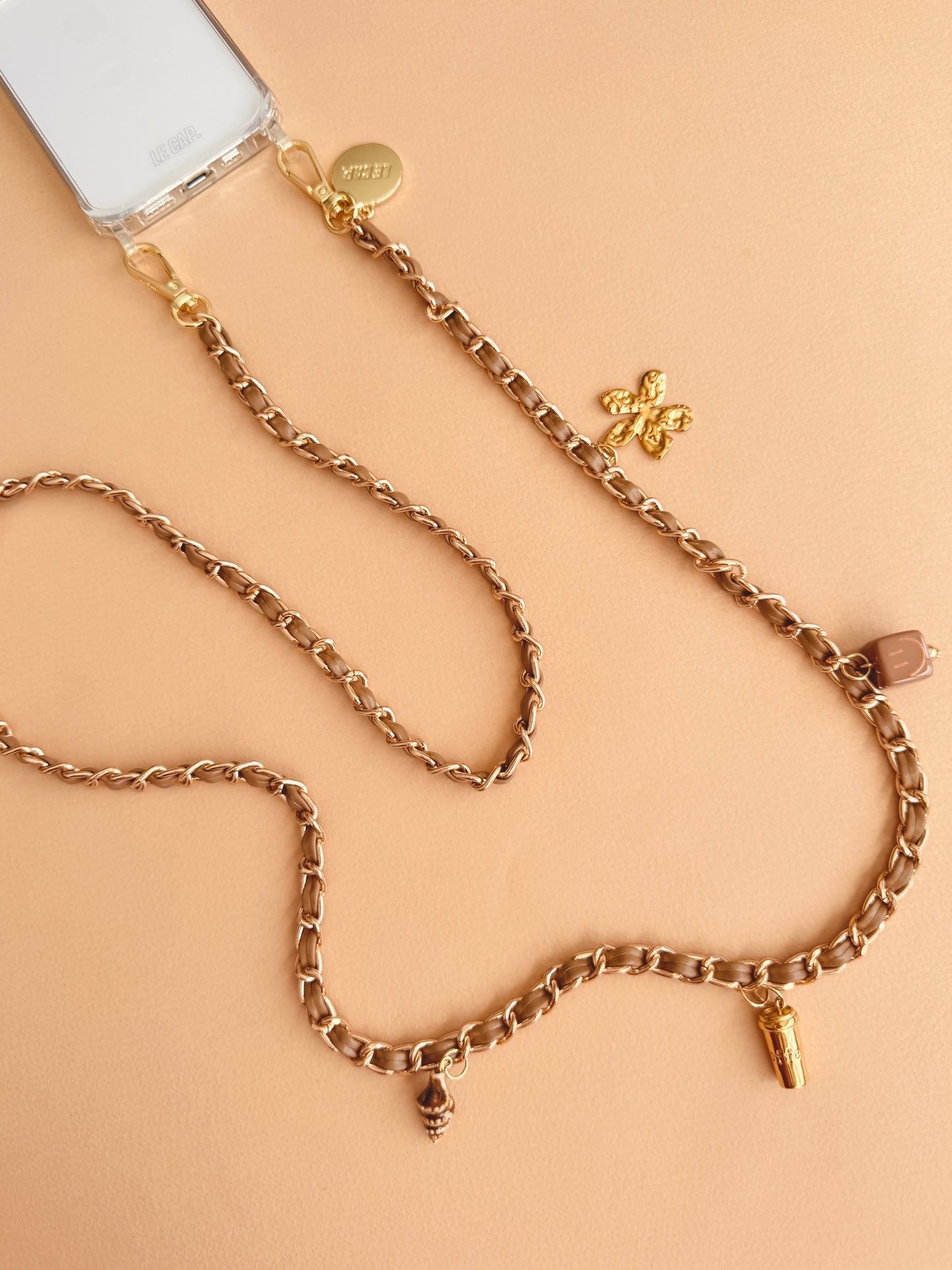 Le Cap crossbody chain phone strap latte tan brown with charms
