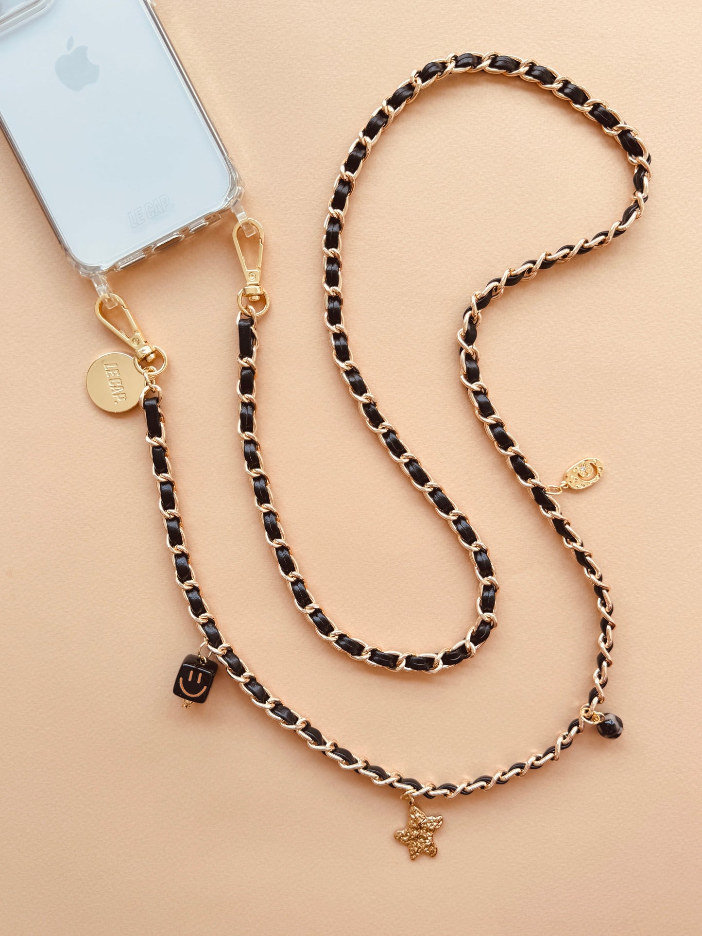 Le_Cap_Crossbody_Phone_Chain_ black with charms and gold chain
