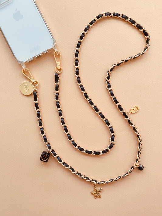 Le_Cap_Crossbody_Phone_Chain_ black with charms and gold chain